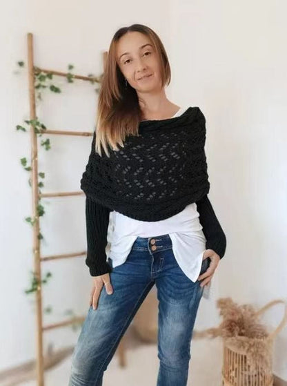 Autumn And Winter Warm Knitted Shawl Women's Hollowed-out Double Sleeve Shawl Collar Fashion Natural For Home And Party